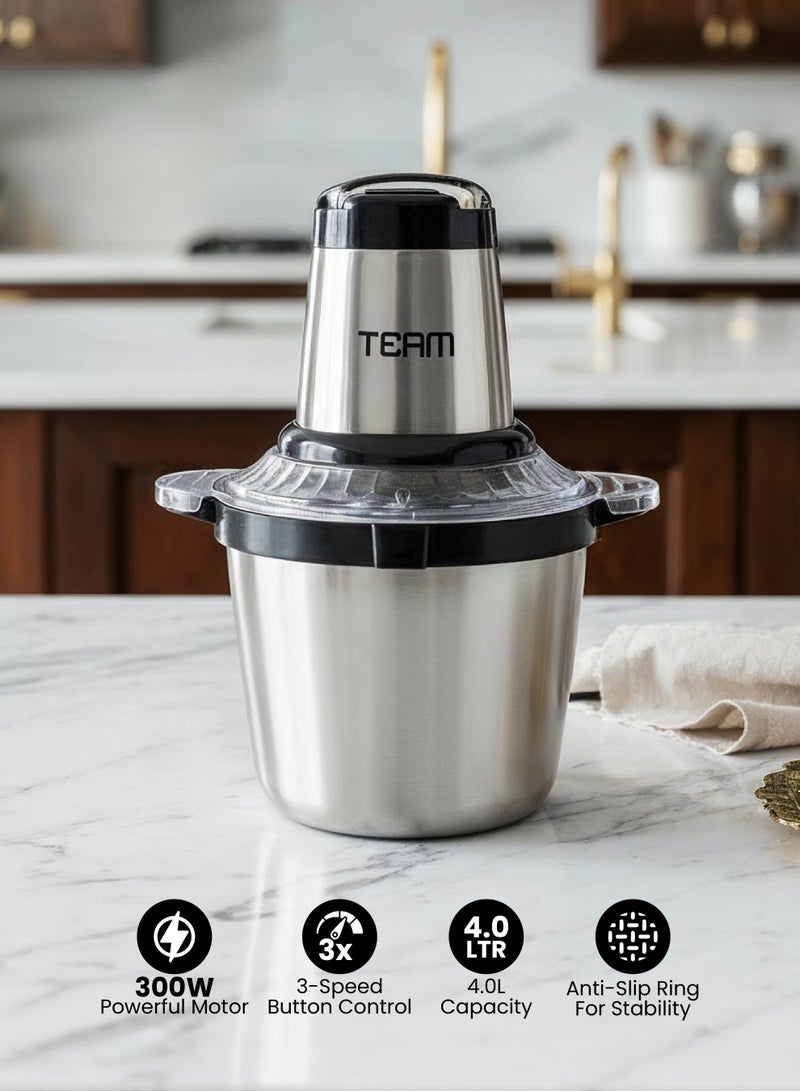 TEAM Multi-Functional Electric Food Processor, 4L Stainless Steel Bowl, 300W Powerful Motor, Meat Grinder & Vegetable Chopper, 3-Speed Control, Anti-Slip Base - Image 2